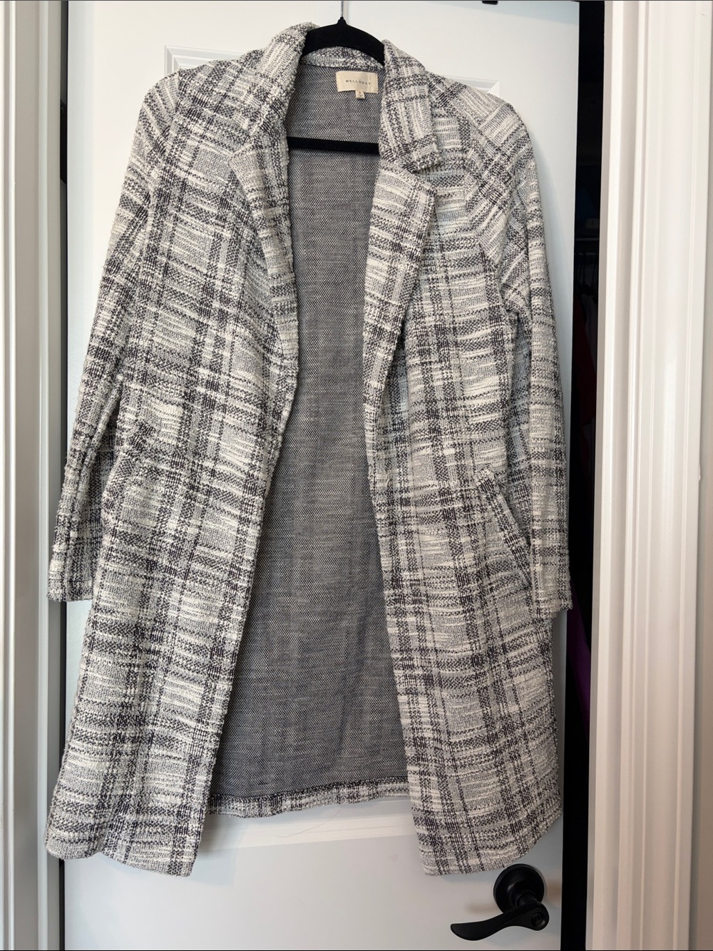 Open-Front Plaid Trench Coatigan - Gray/White